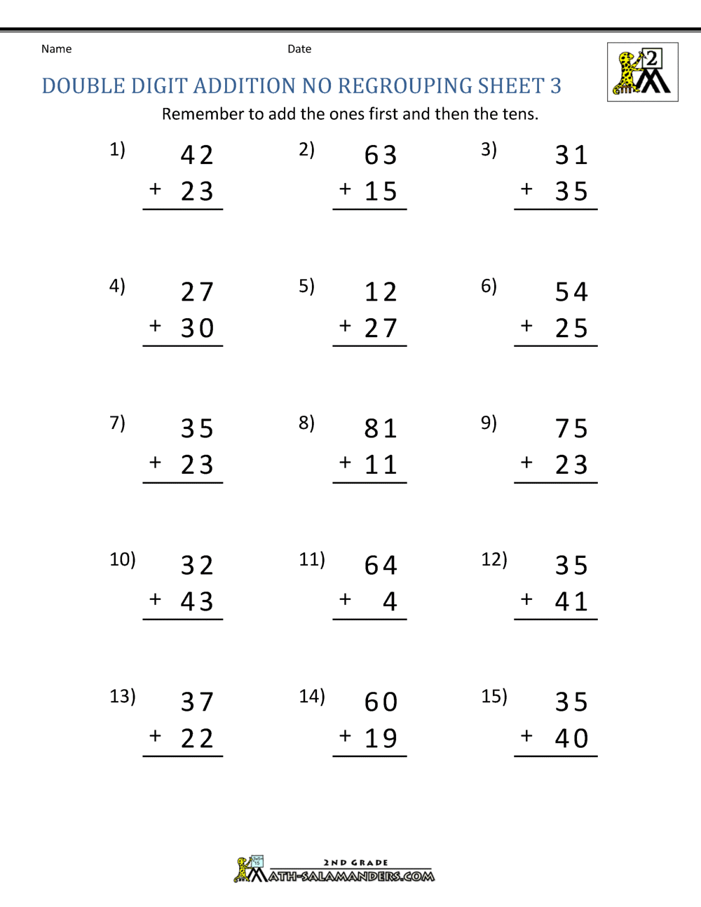 double digit addition without regrouping