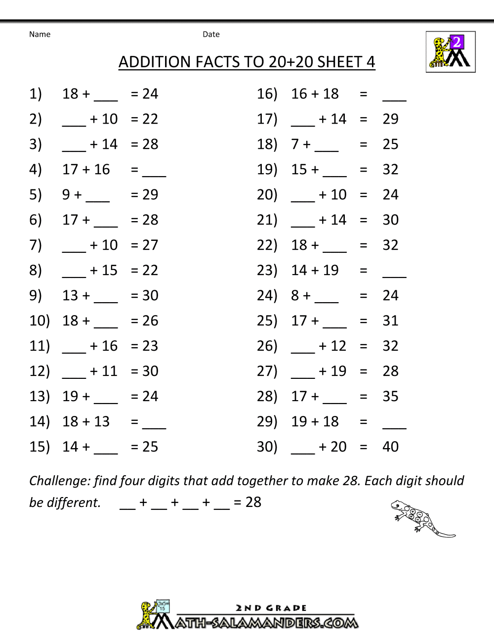math addition facts to 2020