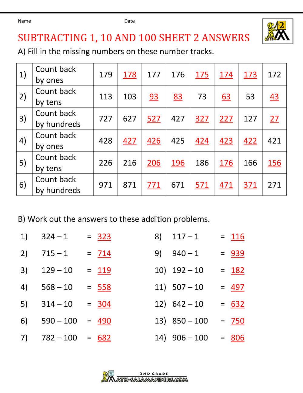 2nd grade subtraction worksheets