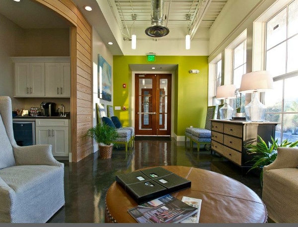 inside of the 30A smiles office facing the front door from one of the couches