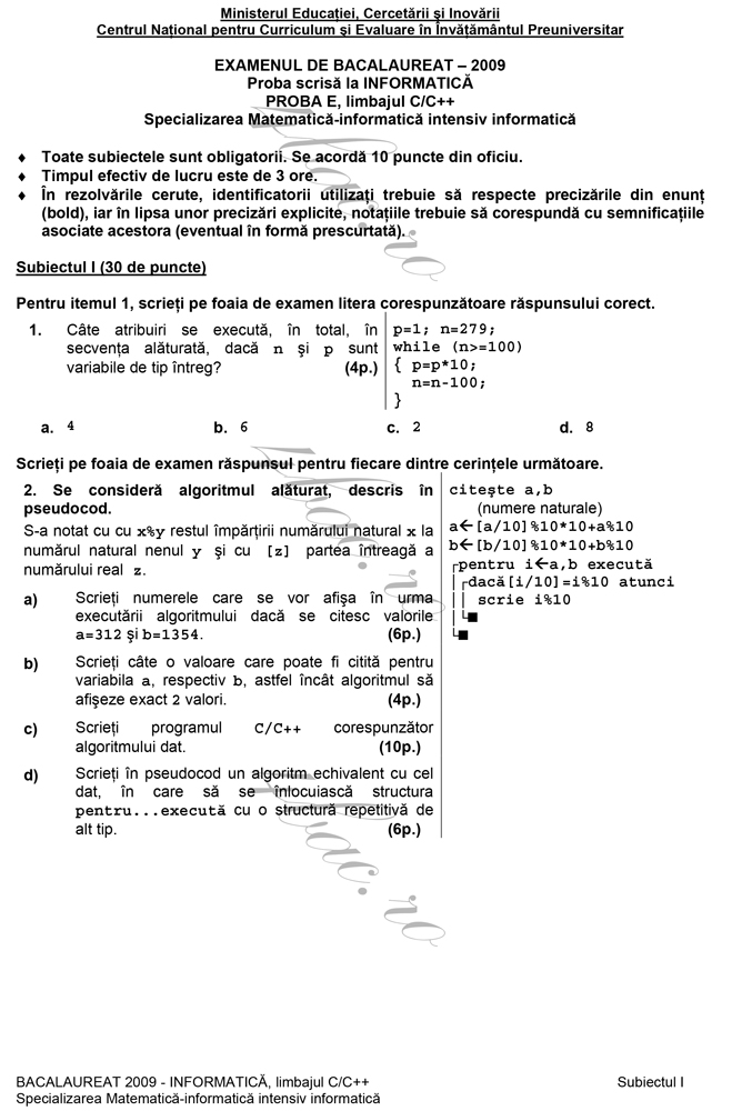 Psihologie bac 2009 subiectul i rezolvari. Varianta 19 2009 Informatica Intensiv C C