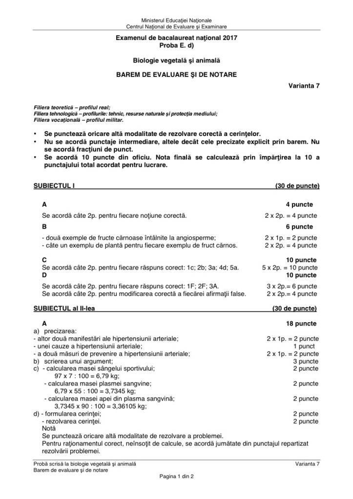 Model subiecte la biologie la bac 2021. Subiecte Rezolvate 2017 Sesiunea August Septembrie Biologie Vegetala Si Animala