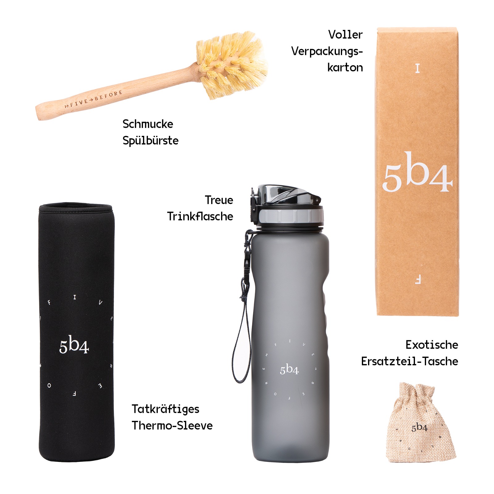 graue Tritantrinkflasche auf weißen Hintergrund. Daneben befeindet sich eine Verpackung aus Kraftpapier, eine schwarze Neopren Hülle, eine vegane Reinigungsbürste und ein Jute-Beutel mit Ersatzdichtungen. Die MArke ist 5b4.