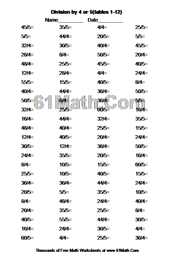 division by 4 or 5tables 1 12 create your own math worksheets