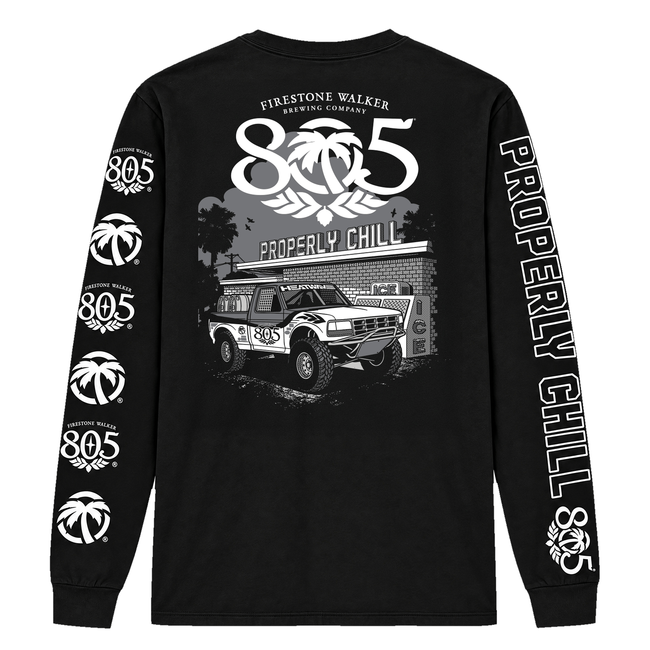 805 x Heat Wave "Properly Chill" long sleeve shirt, back print with off-road truck and ice house graphic, sleeve prints repeat "Properly Chill" and 805 logo, black