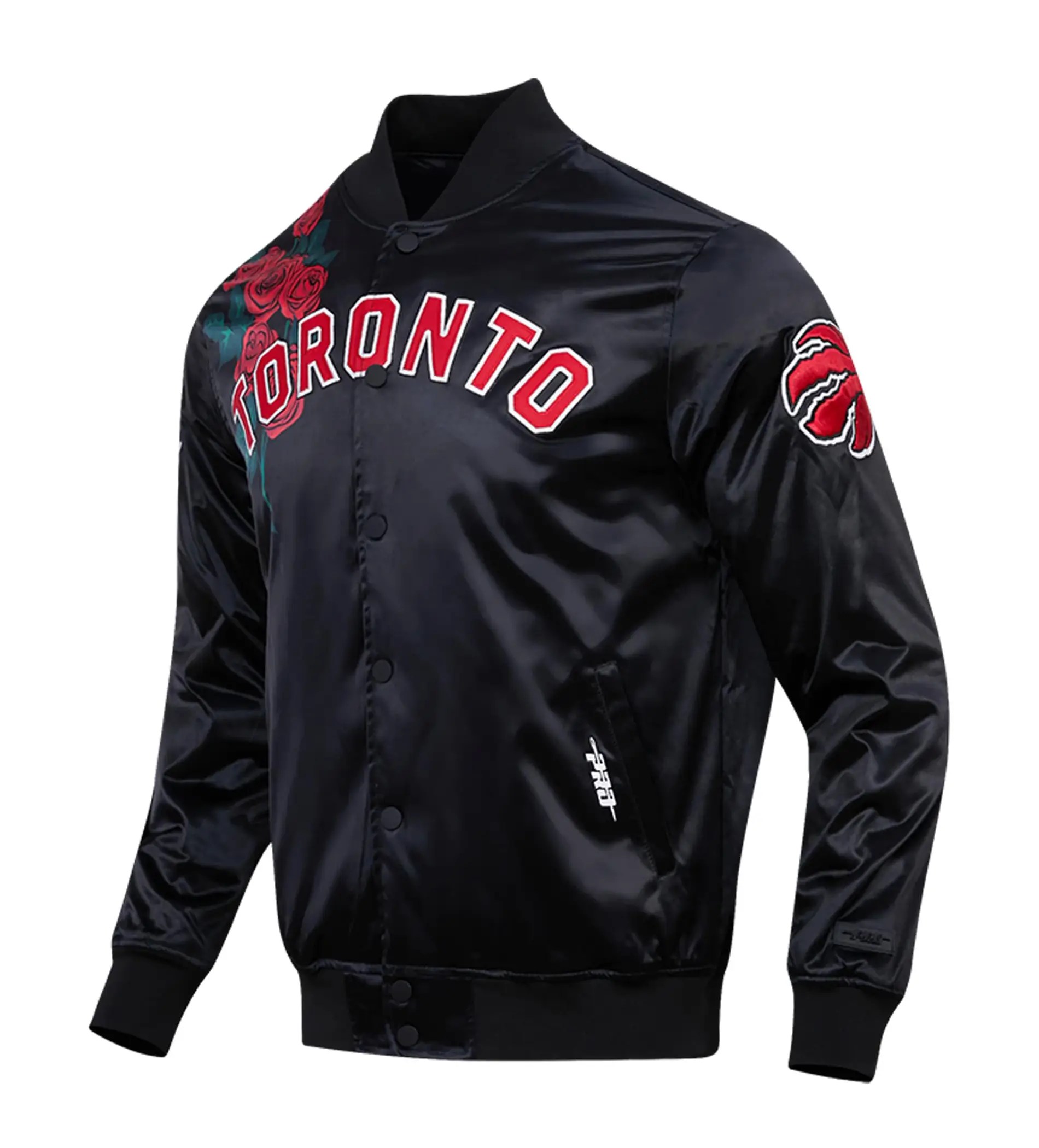 Toronto Raptors Pro Standard Black Roses Full Snap Satin Varsity Jacket 1
