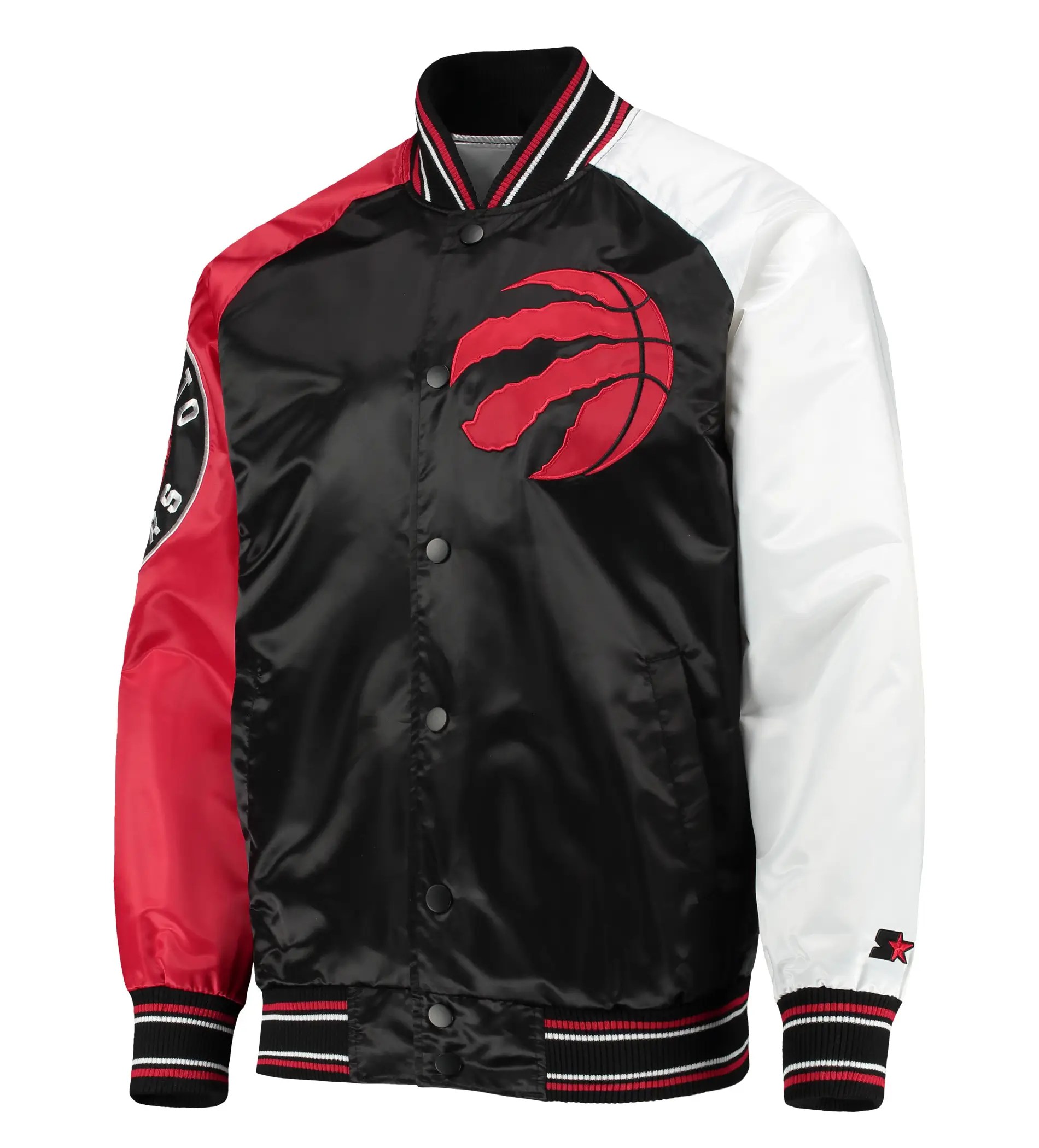 Toronto Raptors Starter Reliever Raglan Full Snap Black Red Satin Varsity Jacket 1