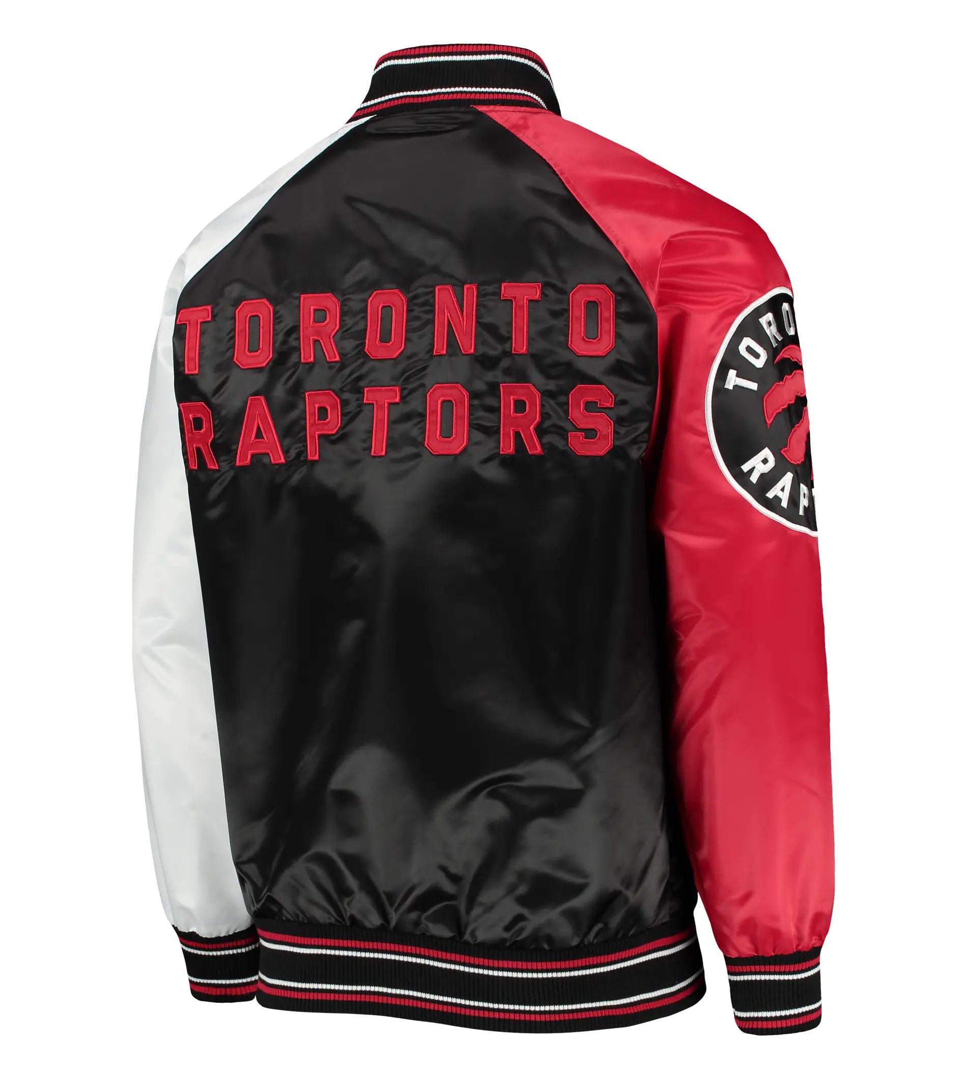 Toronto Raptors Starter Reliever Raglan Full Snap Black Red Satin Varsity Jacket 2