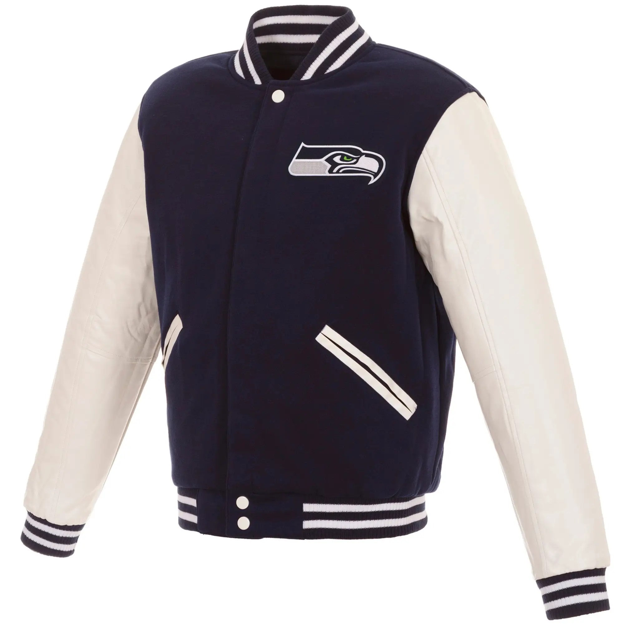 Seattle Seahawks Two Tone Logo Ribbed Wool & Leather Varsity Jacket