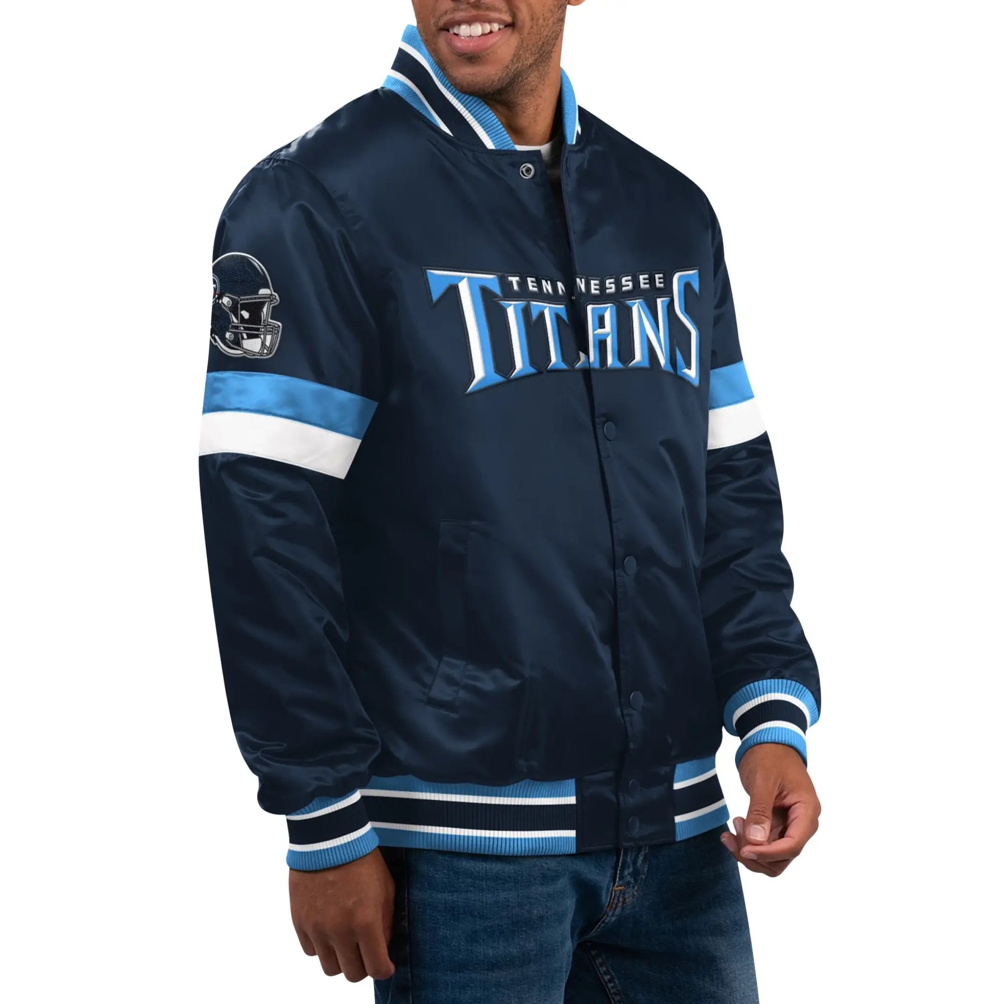Tennessee Titans レザー ジャケット Varsity Full Tennessee Titans Navy Blue Leather Jacket