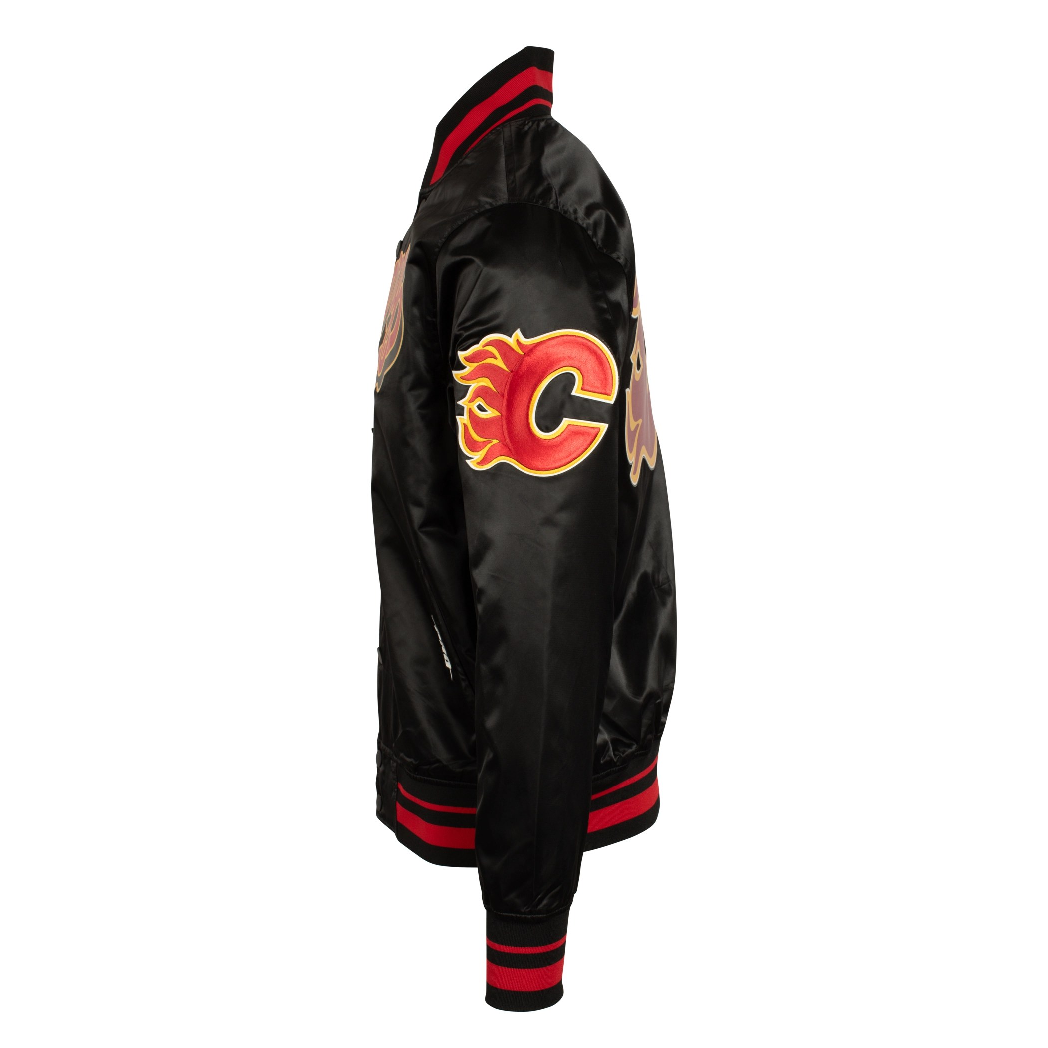 Calgary Flames Flames Script Tail Black Satin Varsity Jacket
