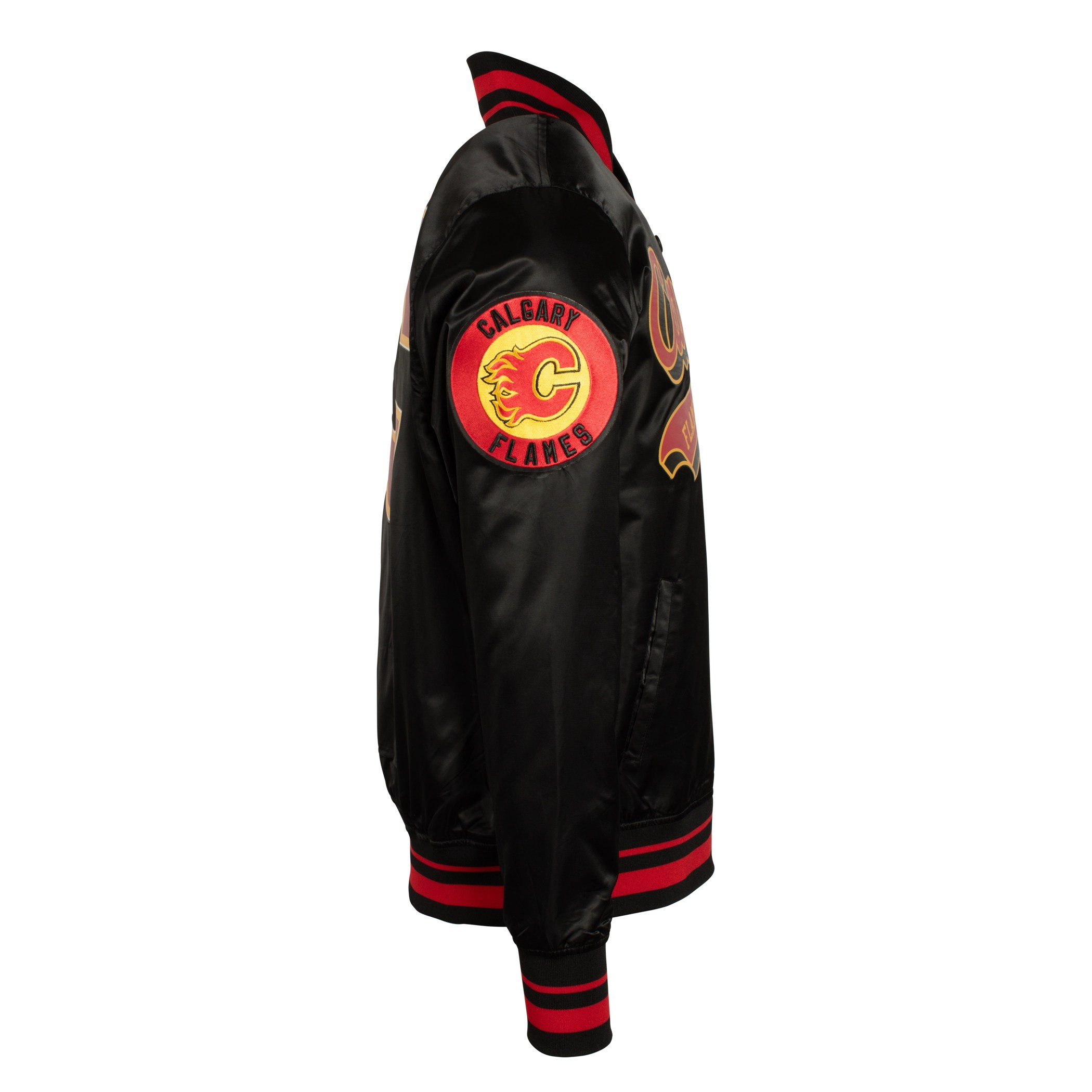 Calgary Flames Flames Script Tail Black Satin Varsity Jacket