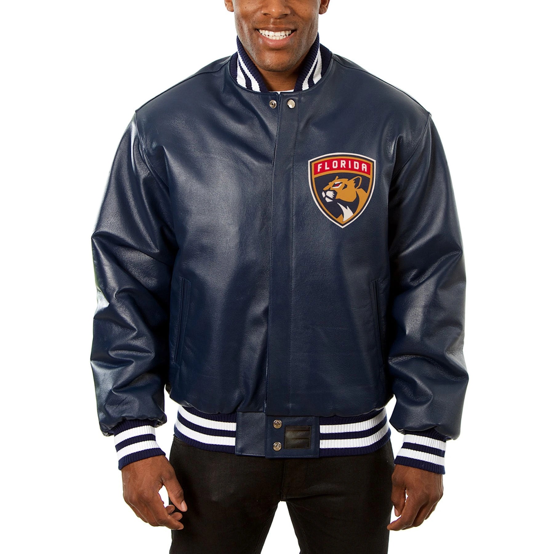 Florida Panthers Rib Knitted Navy Full Leather Varsity Jacket