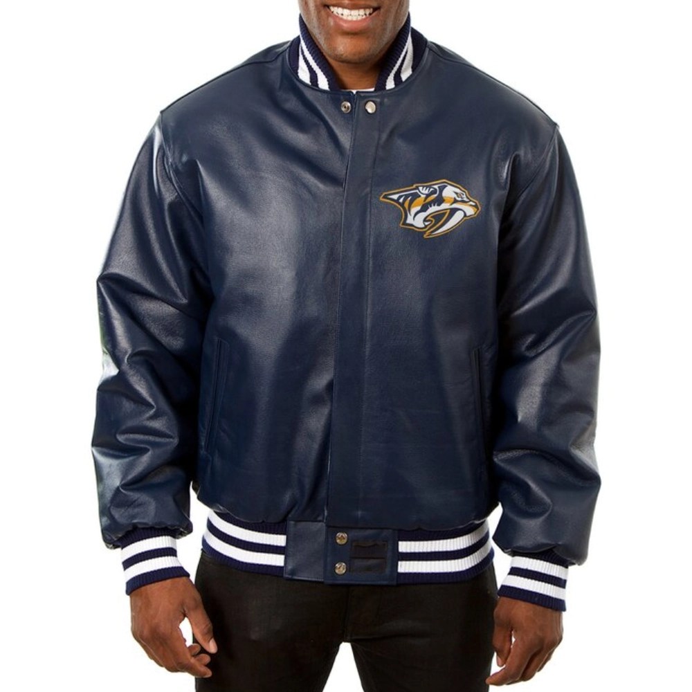 Nashville Predators Rib Knitted Navy Full Leather  Varsity Jacket