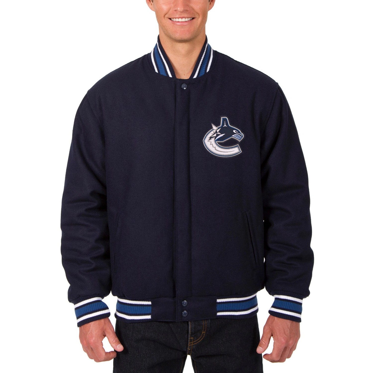 Vancouver Canucks One Color Rib Knitted Wool Varsity Navy Jacket