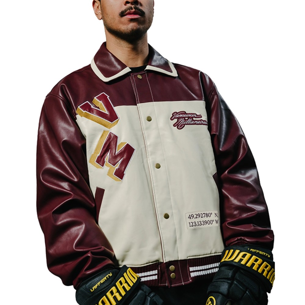 Vancouver Canucks X In 	 Shirt Collar Millionaire Leather Varsity Jacket Maroon & Cream