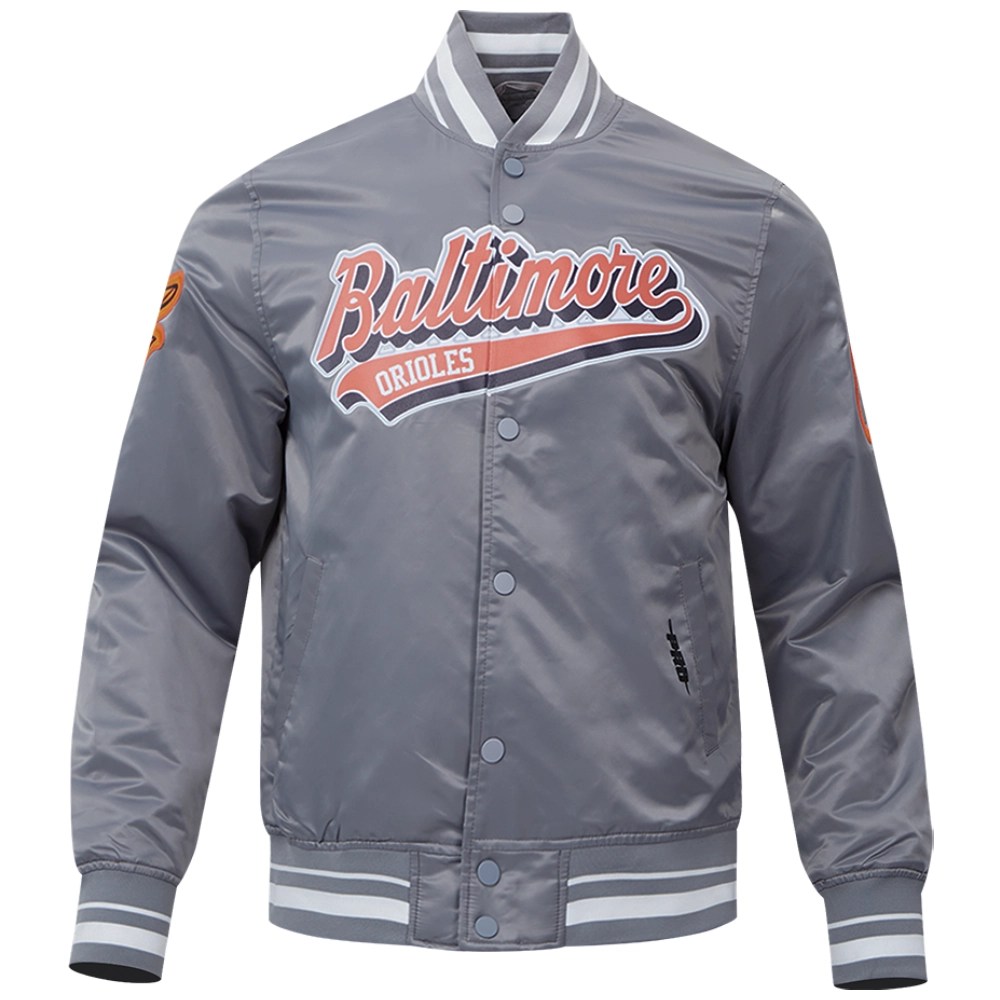 Baltimore Orioles Script Tail Rib Knitted Satin Varsity Jacket