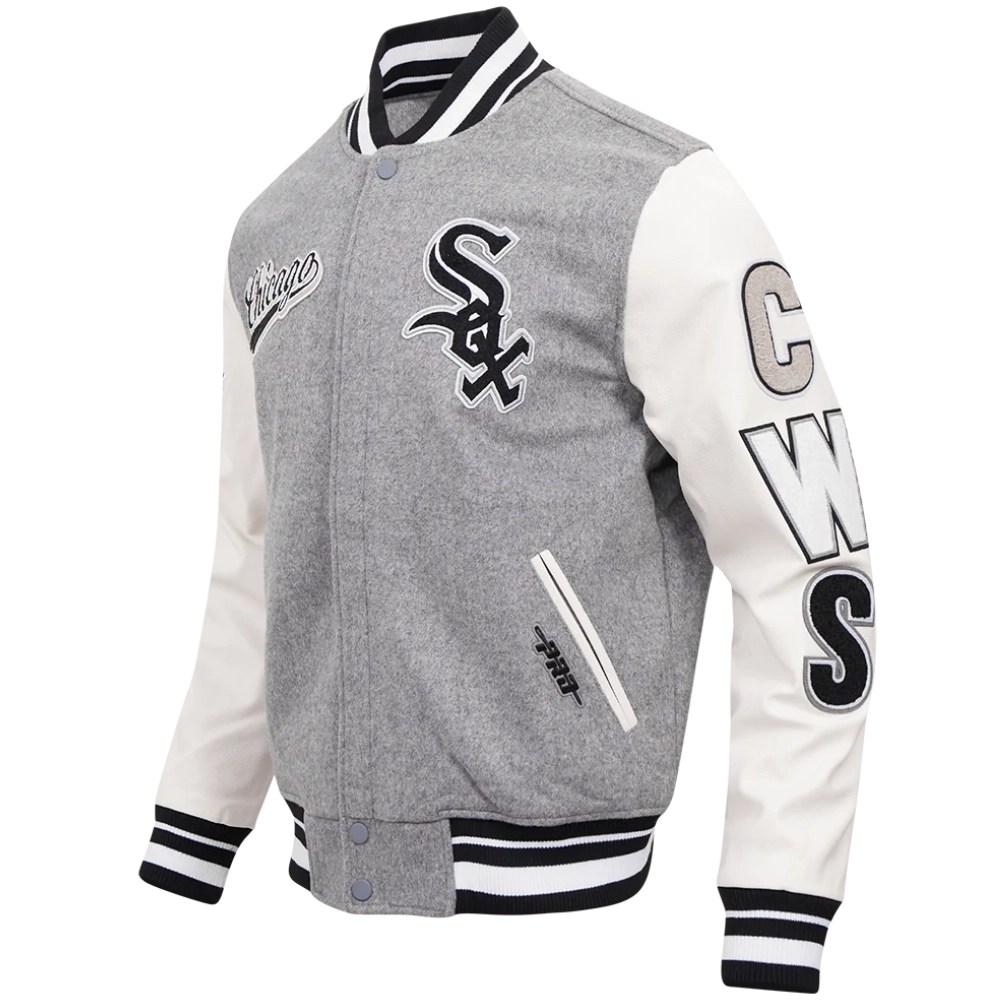 Alternative view of Chicago White Sox Script Tail Wool & Leather Gray/White Varsity Jacket