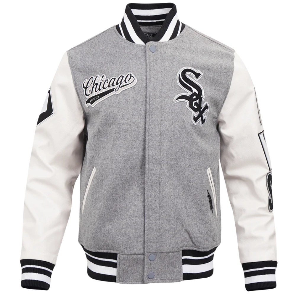 Chicago White Sox Script Tail Wool & Leather Gray/White Varsity Jacket