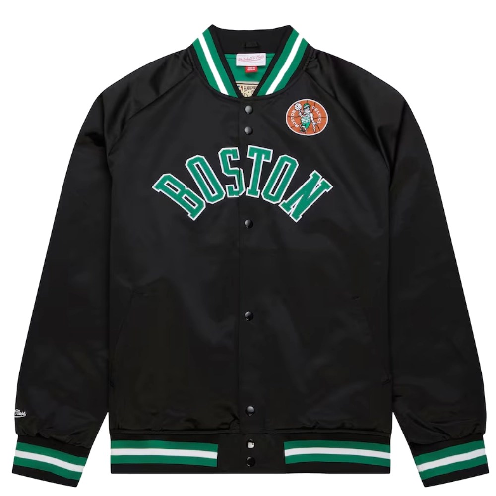 Boston Celtics Throwback Wordmark Raglan Full-Snap Black Satin Varsity Jacket
