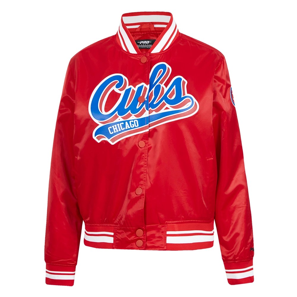 Chicago Cubs Script Tail Women's Satin Varsity Jacket - Red