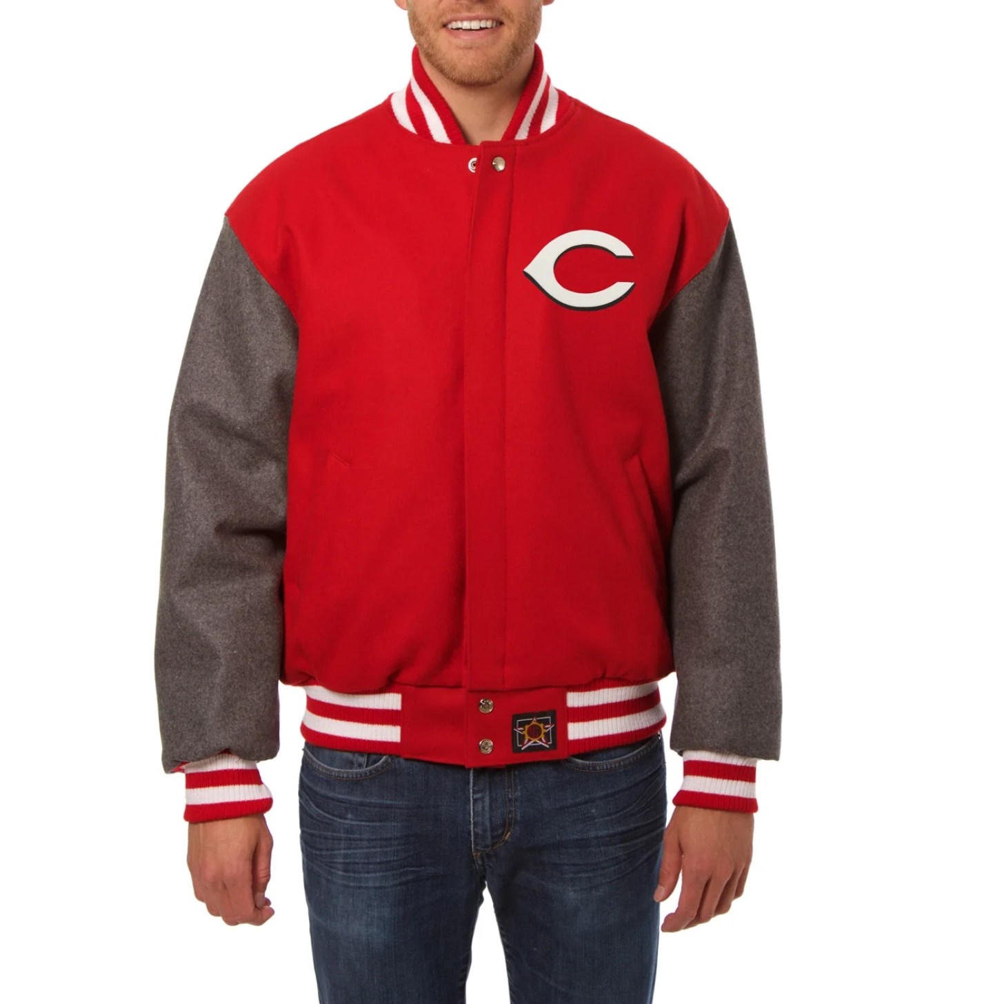 Cincinnati Reds Two Tone Handcrafted Logo Red/Gray Wool Varsity Jacket