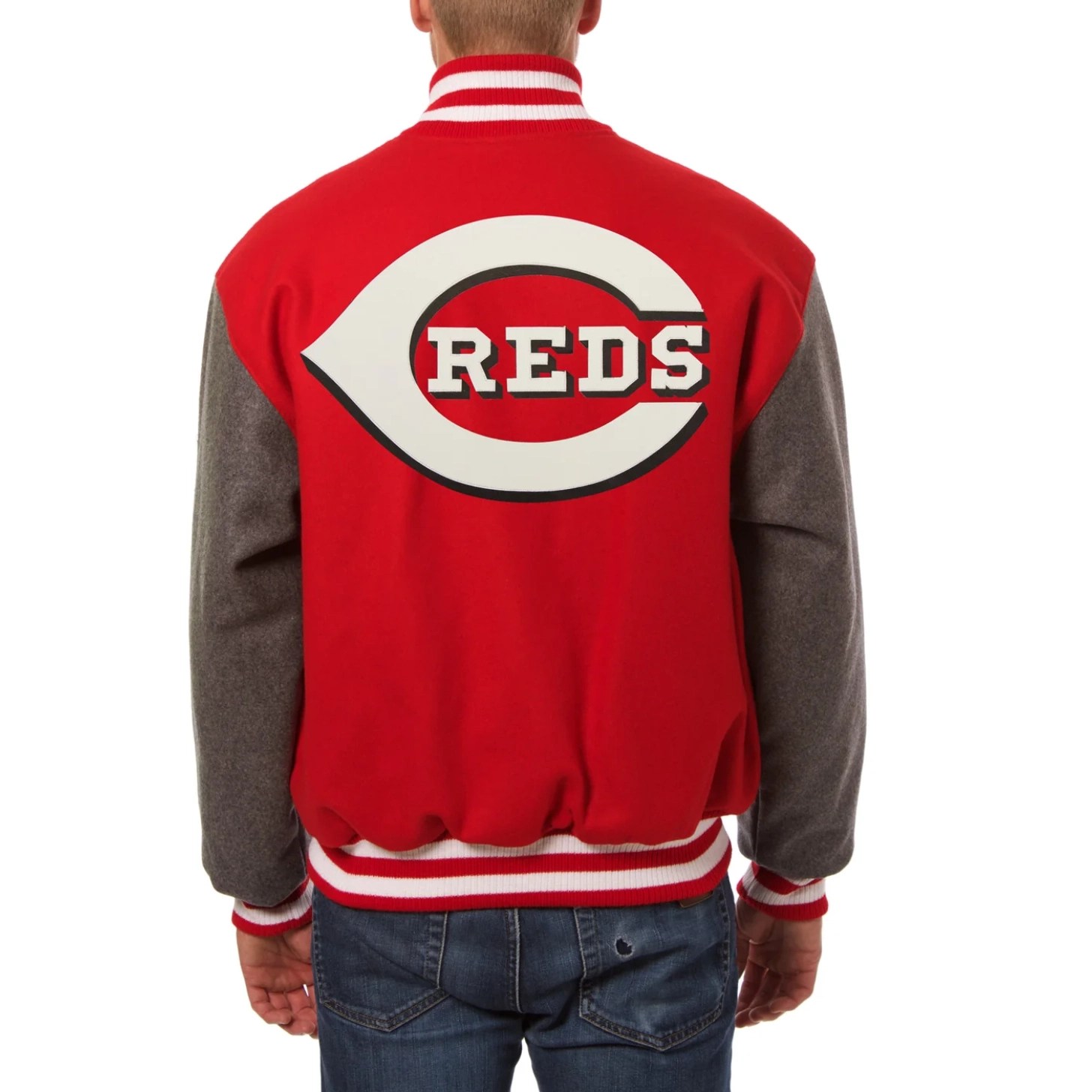 Alternative view of Cincinnati Reds Two Tone Handcrafted Logo Red/Gray Wool Varsity Jacket