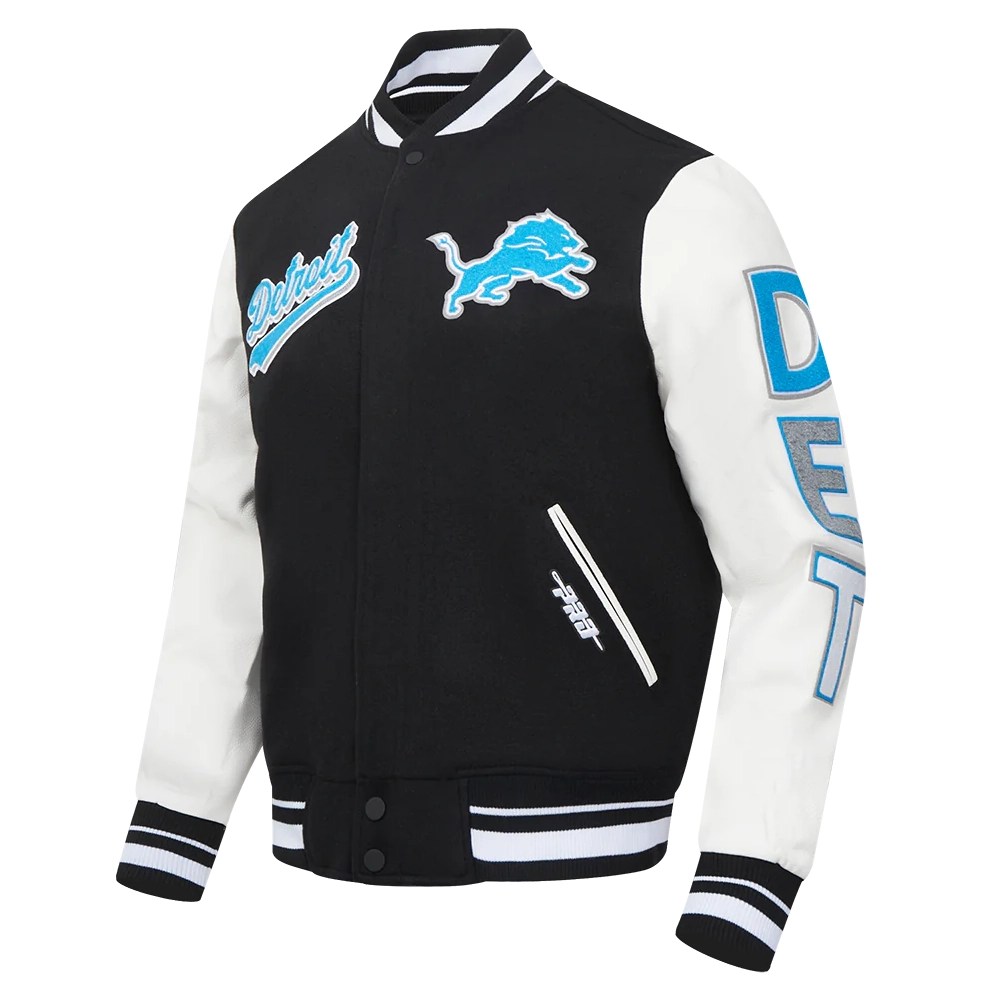 Detroit Lions Script Tail Wool & Leather Black/White Varsity Jacket