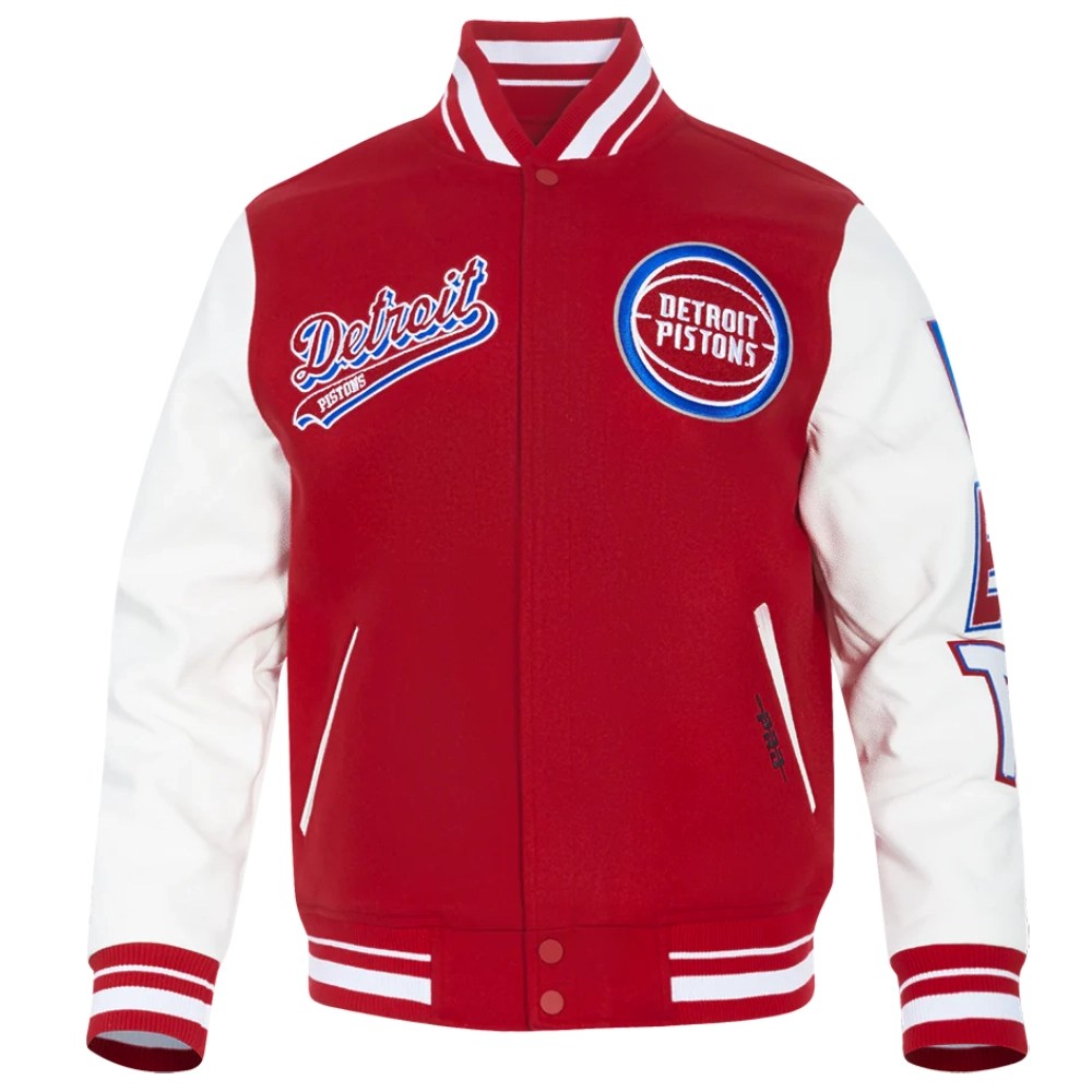 Detroit Pistons Script Tail Wool & Leather Varsity Red/White Jacket