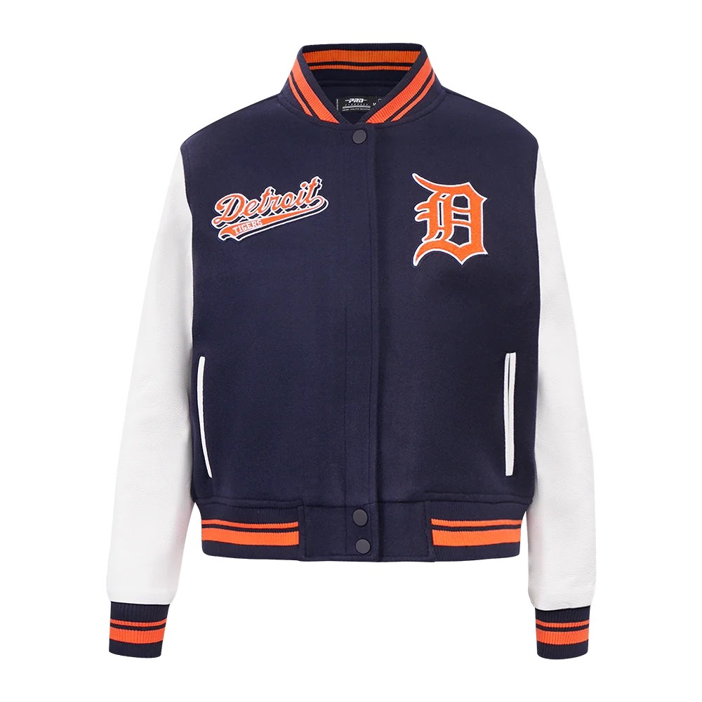 Detroit Tigers Script Tail Navy/White Wool & Leather Varsity Jacket