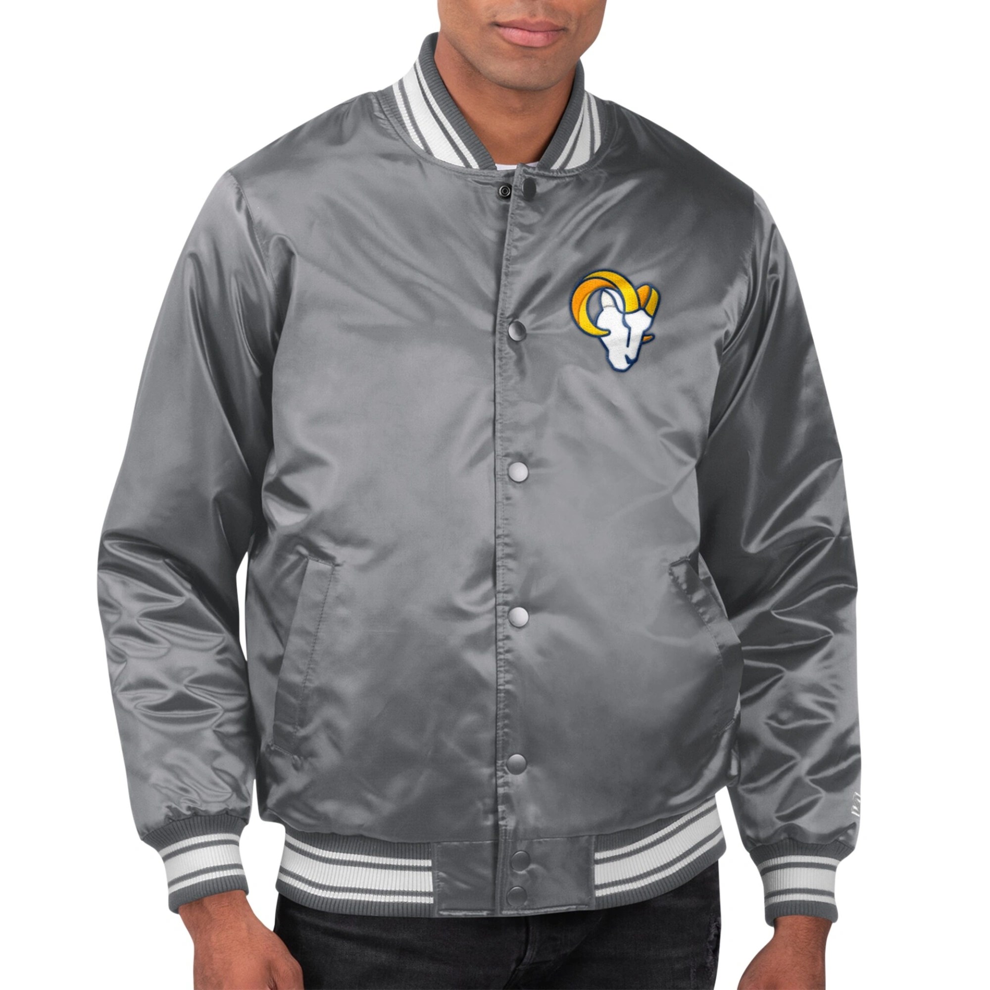 Los Angeles Rams Locker Room Gray Satin Varsity Jacket