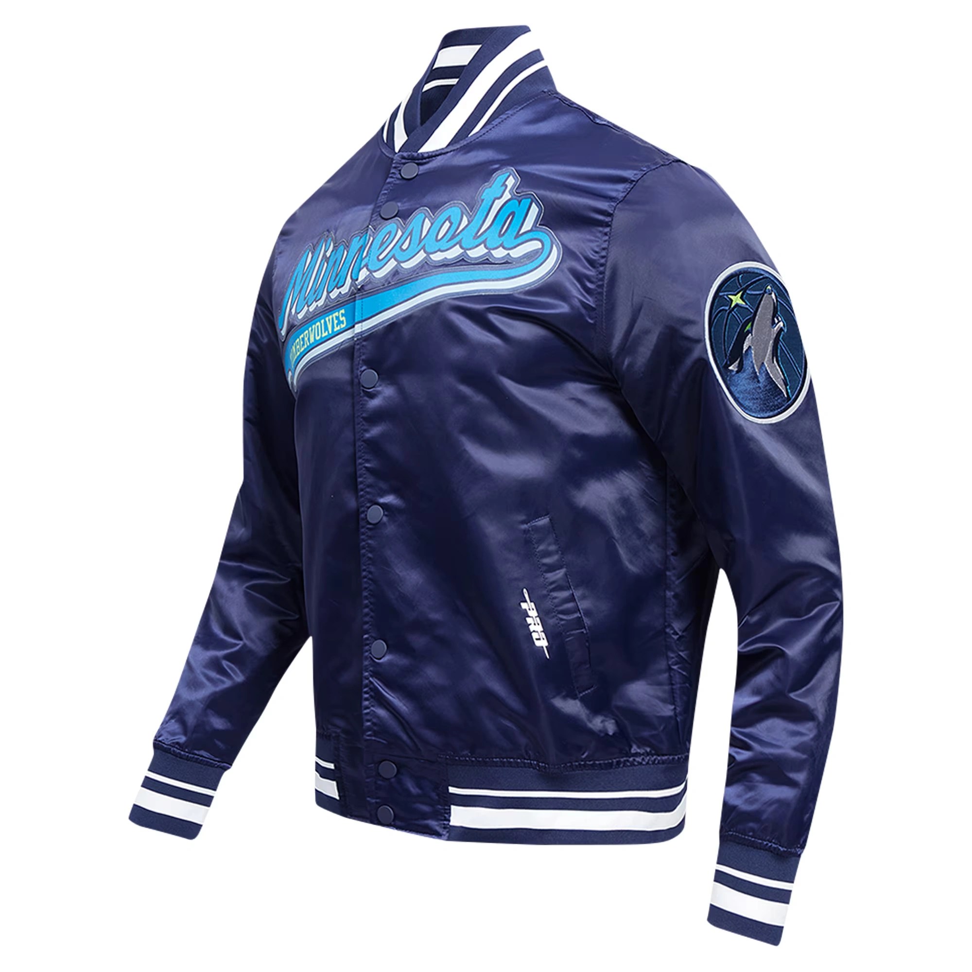 Minnesota Timberwolves Script Tail Navy Satin Varsity Jacket