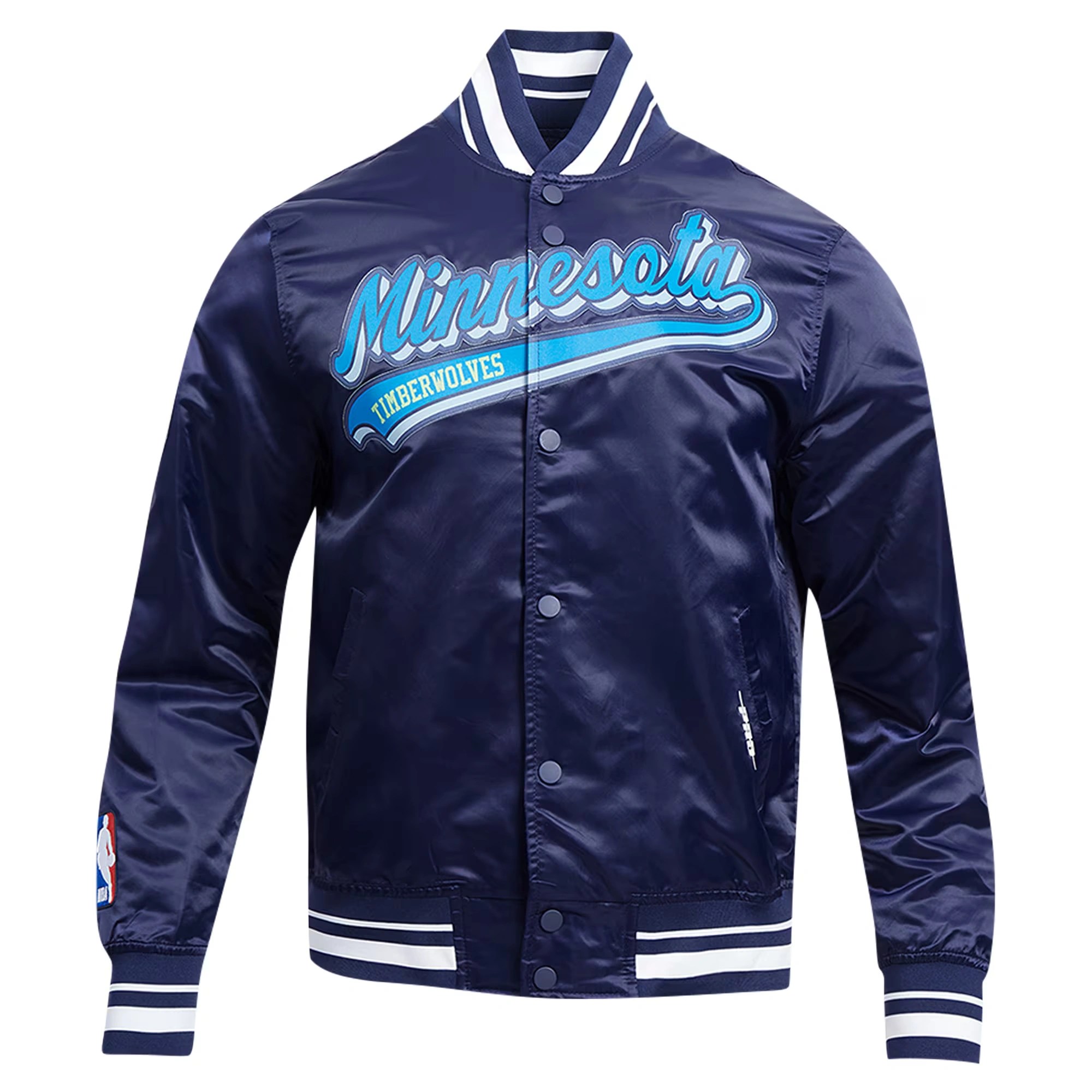 Alternative view of Minnesota Timberwolves Script Tail Navy Satin Varsity Jacket
