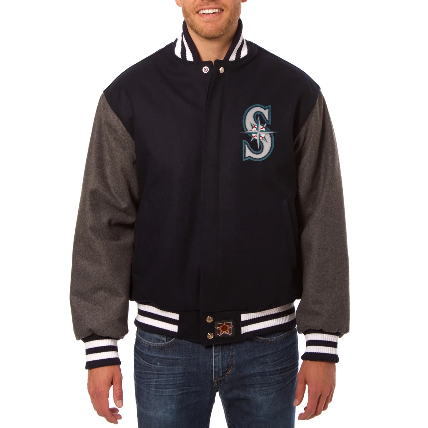 Seattle Mariners Two Tone Handcrafted Logo Navy/Gray Wool Varsity Jacket