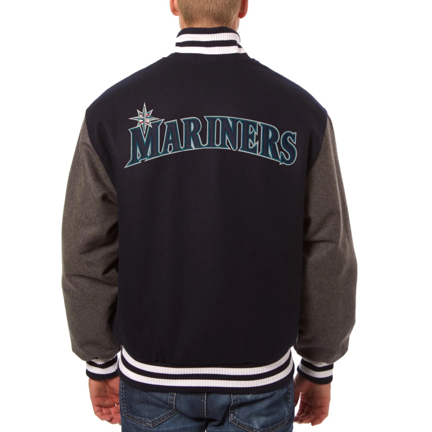Alternative view of Seattle Mariners Two Tone Handcrafted Logo Navy/Gray Wool Varsity Jacket
