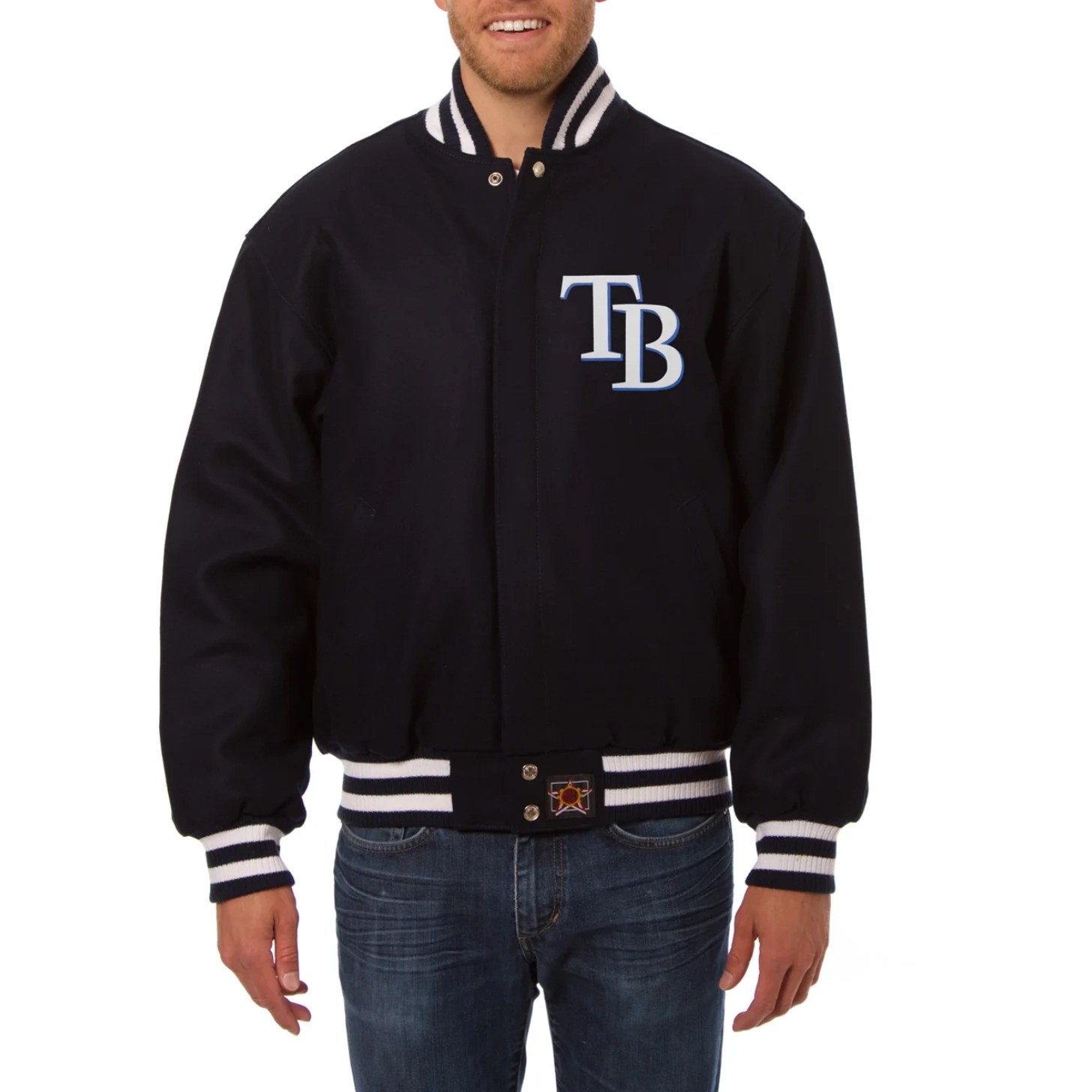 Tampa Bay Rays One Color Handcrafted Logo Navy Wool Varsity Jacket