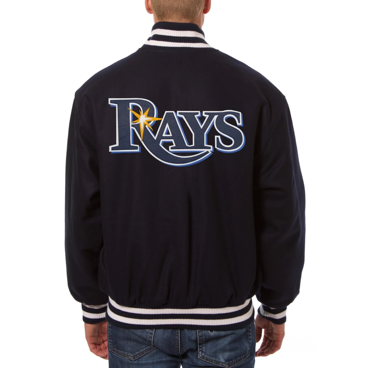 Alternative view of Tampa Bay Rays One Color Handcrafted Logo Navy Wool Varsity Jacket