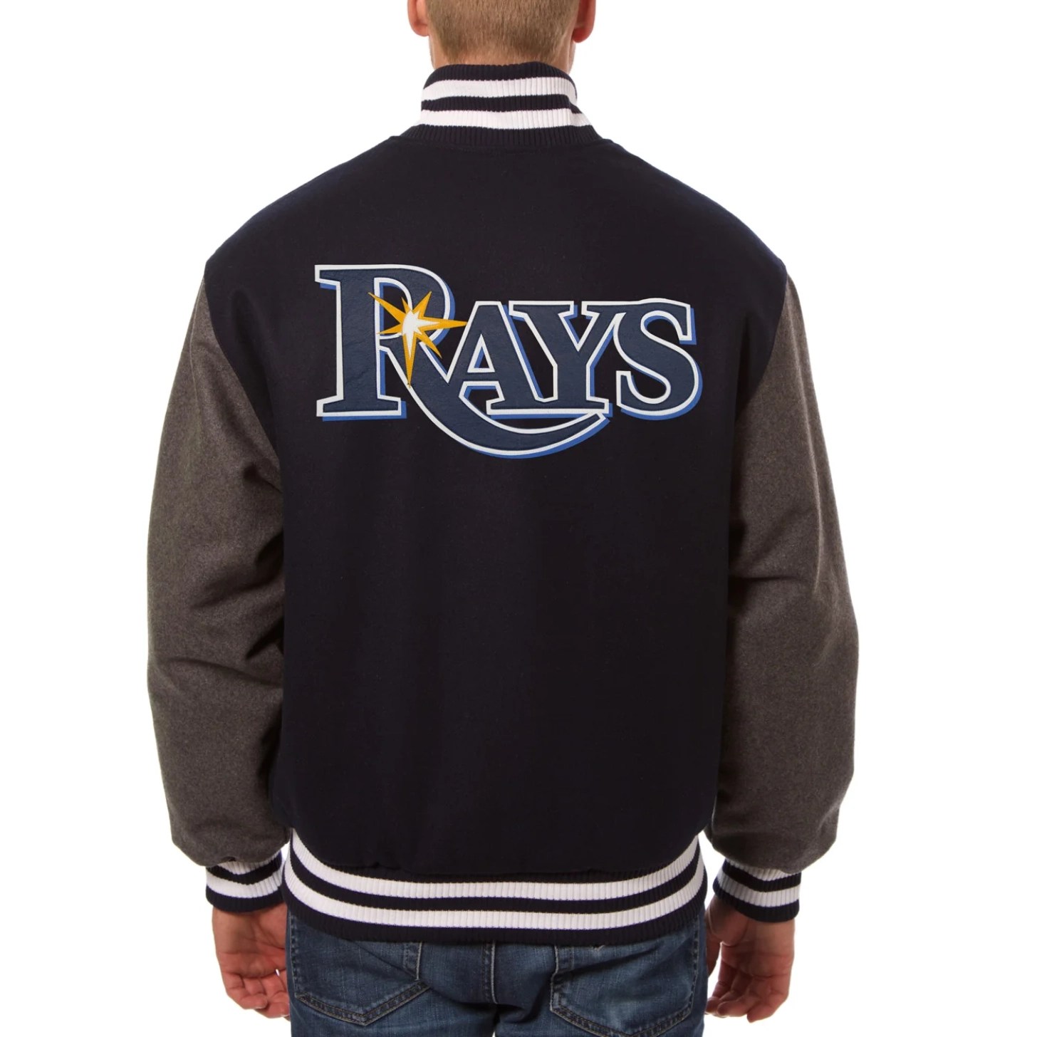 Alternative view of Tampa Bay Rays Two Tone Handcrafted Logo Navy/Gray Wool Varsity Jacket