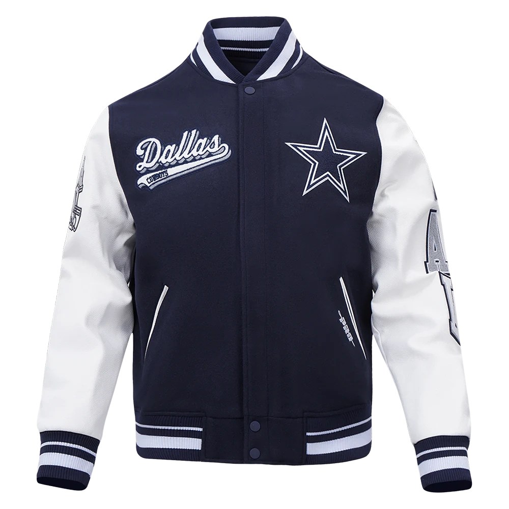 Dallas Cowboys Script Tail Rib Wool & Leather Navy/White Varsity Jacket