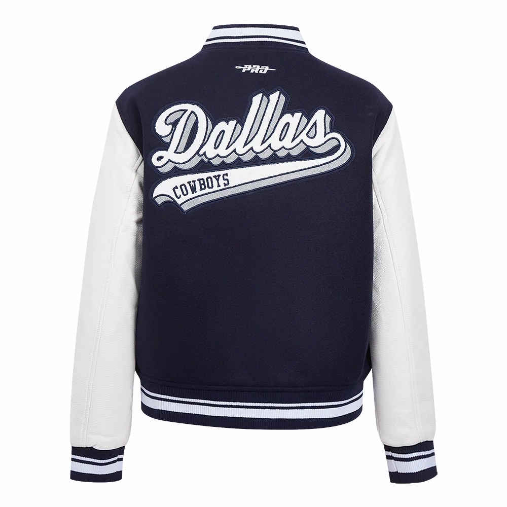 Alternative view of Dallas Cowboys Script Tail Women’s Wool & Leather Navy/White Varsity Jacket