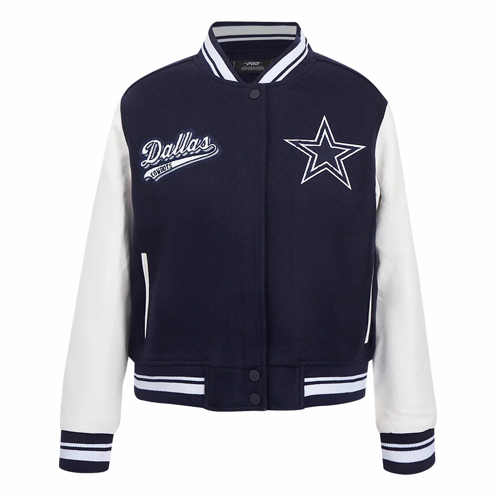 Dallas Cowboys Script Tail Women’s Wool & Leather Navy/White Varsity Jacket