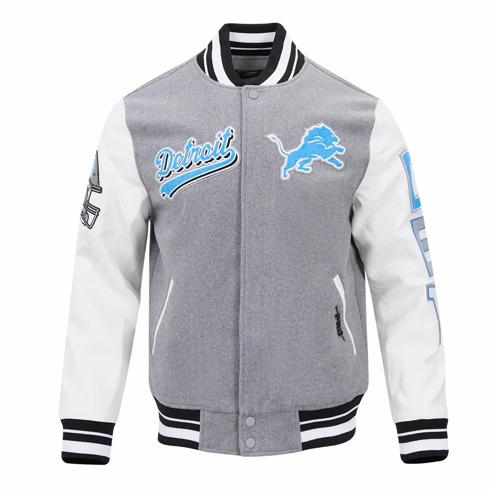 Detroit Lions Script Tail  Rib Wool & Leather Grey/White Varsity Jacket