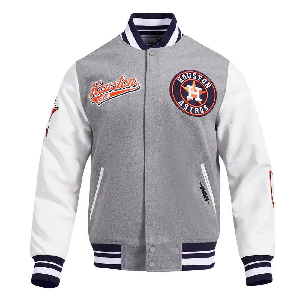 Houston Astros Script Tail Rib Wool & Leather Varsity Jacket - Gray/White
