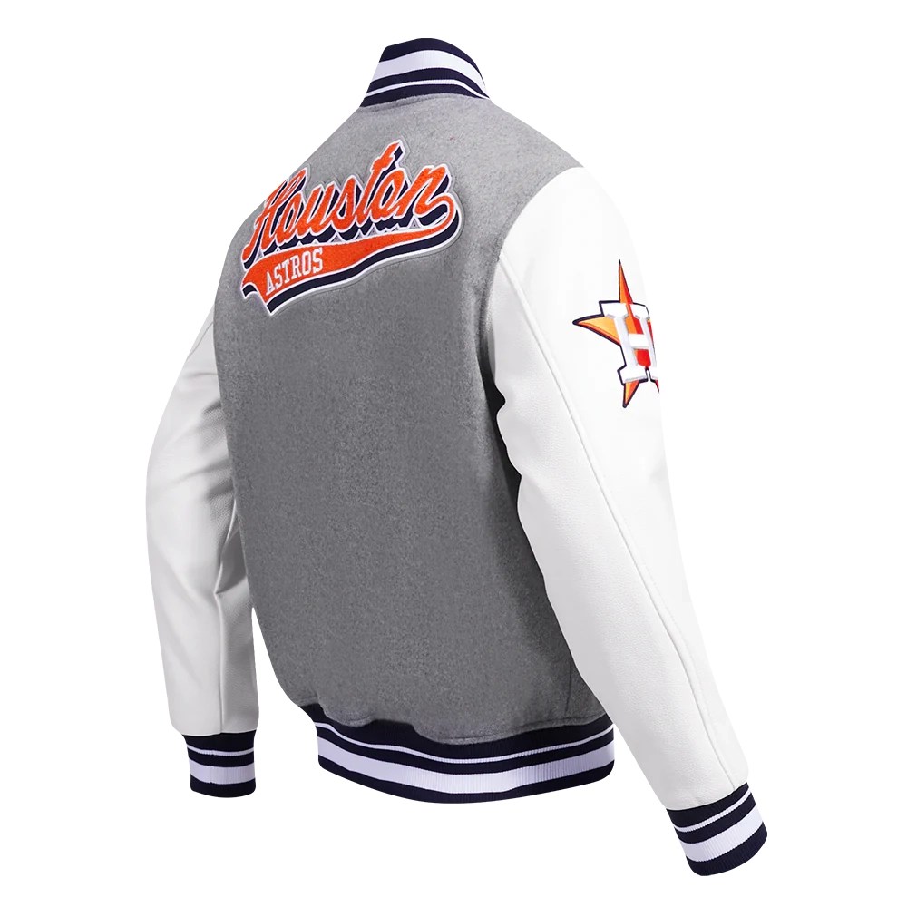 Alternative view of Houston Astros Script Tail Rib Wool & Leather Varsity Jacket - Gray/White