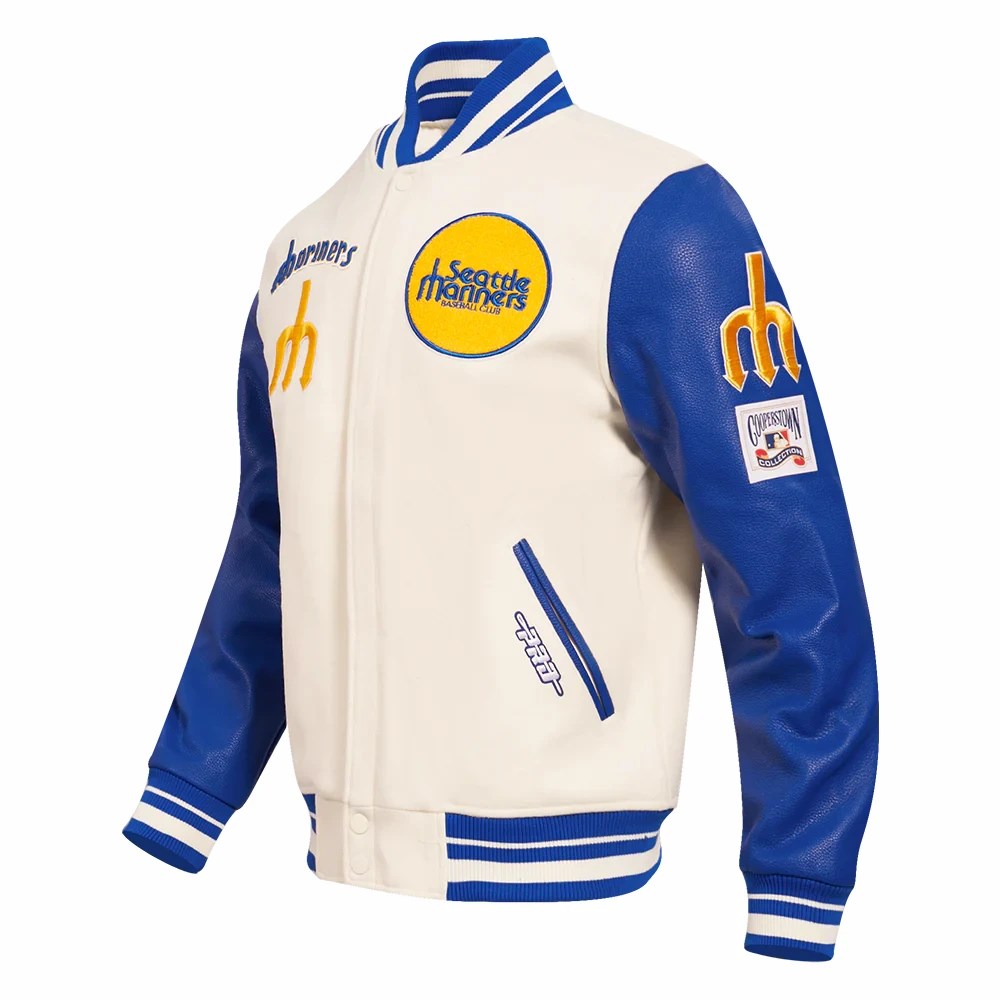 Alternative view of Seattle Mariners Retro Classic White/Blue Wool & Leather Varsity Jacket