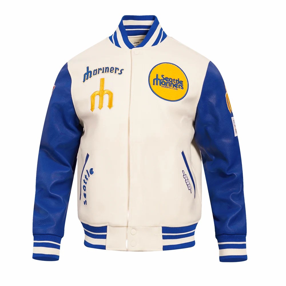 Seattle Mariners Retro Classic White/Blue Wool & Leather Varsity Jacket