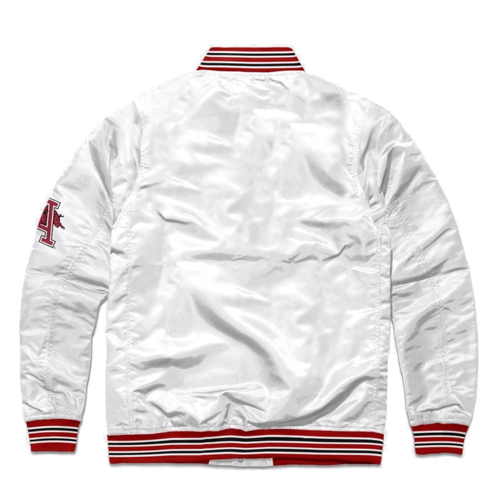 Alternative view of Arkansas Razorbacks Ribbed Knitted Bomber Satin Varsity Jacket - White