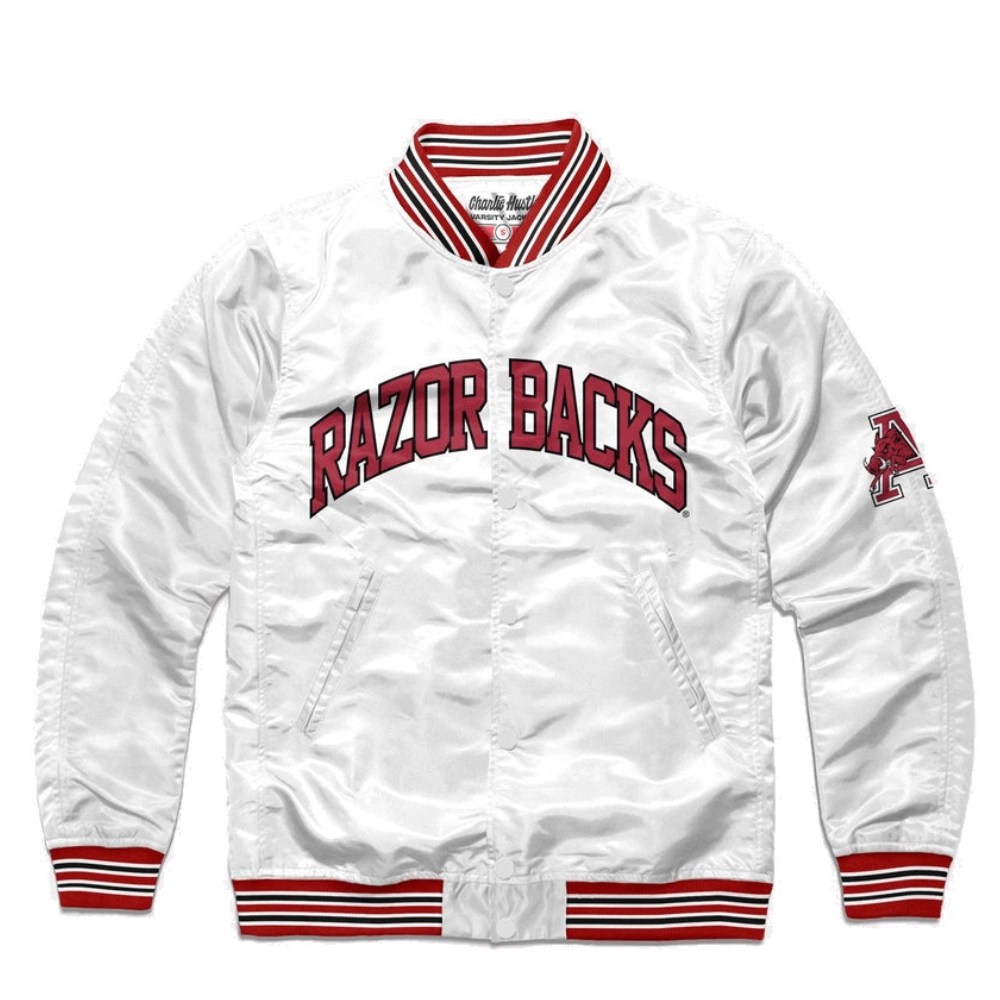 Arkansas Razorbacks Ribbed Knitted Bomber Satin Varsity Jacket - White