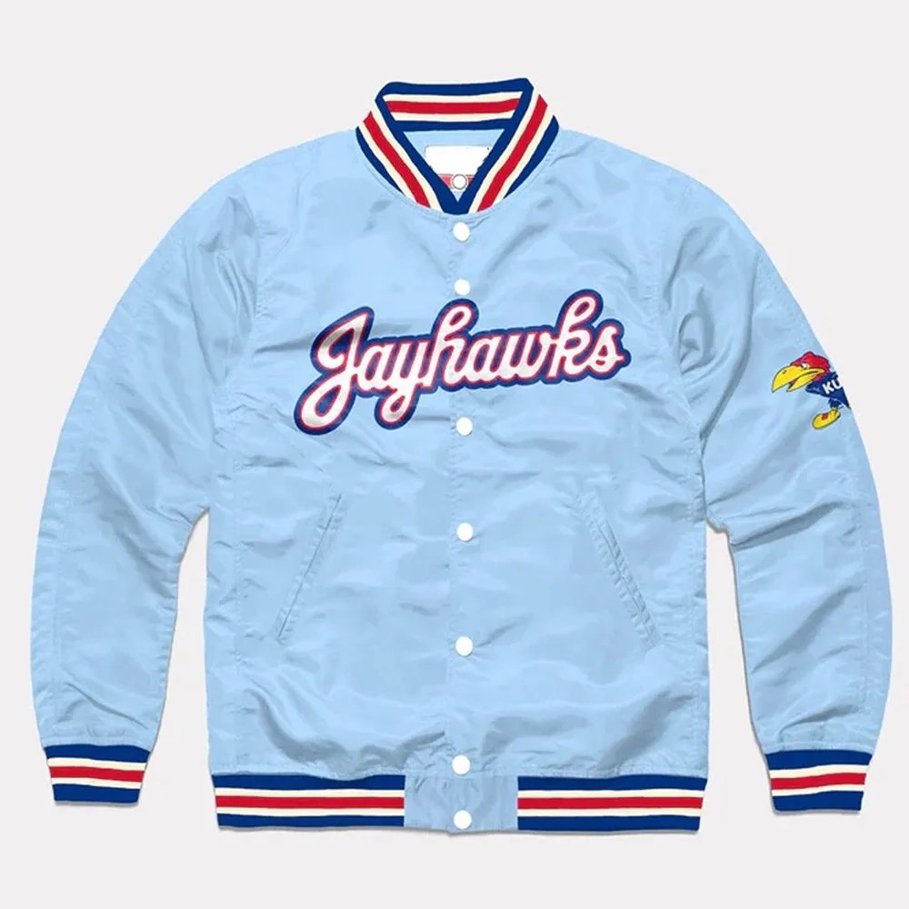 Kansas Jayhawks Script Blue Satin Bomber Varsity Jacket