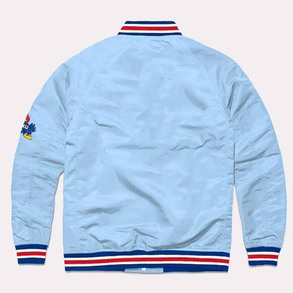 Alternative view of Kansas Jayhawks Script Blue Satin Bomber Varsity Jacket
